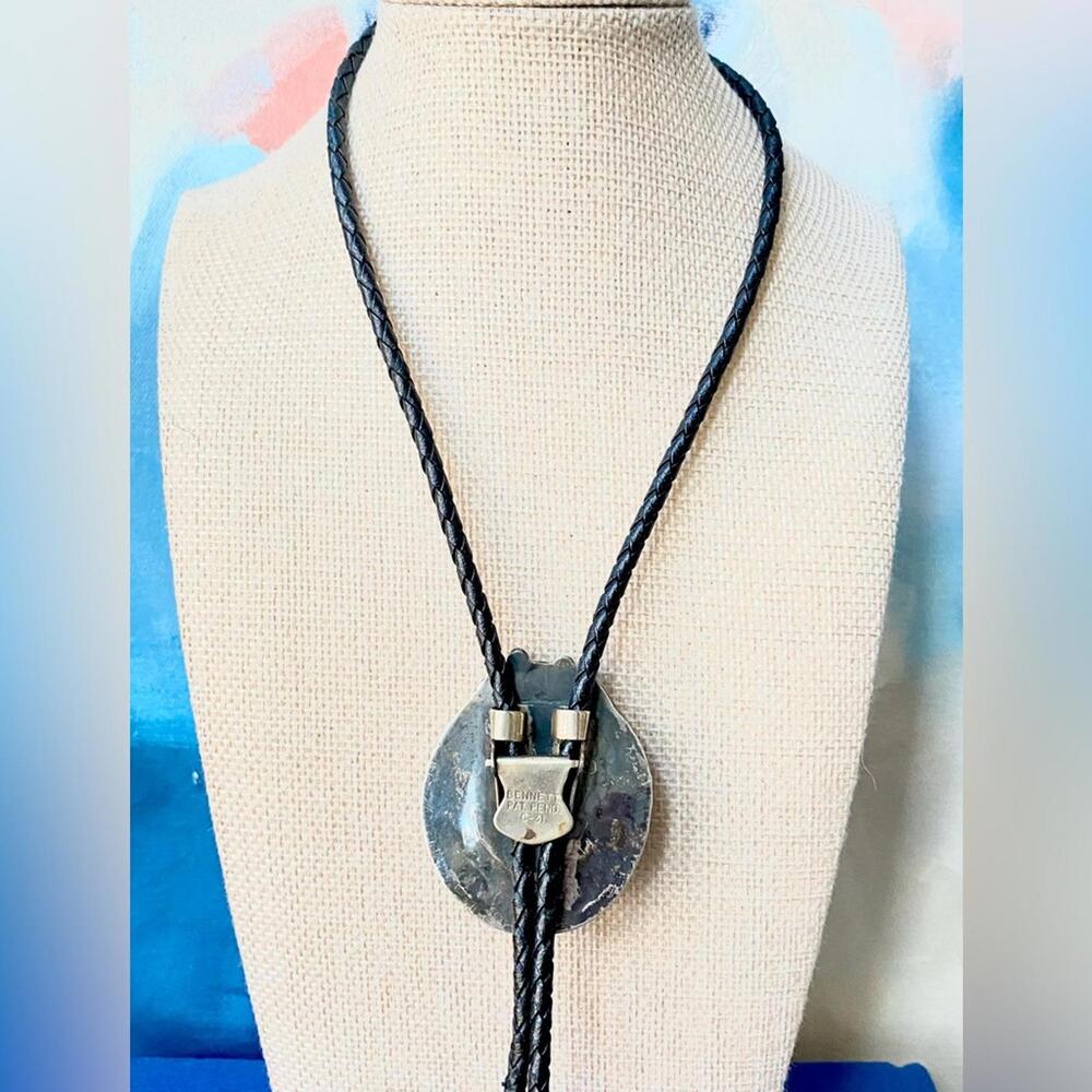 🚫SOLD OUT🚫 Vintage Turquoise Bolo Tie Signed SW |Silver |Bennett Patent - Picture 4 of 9